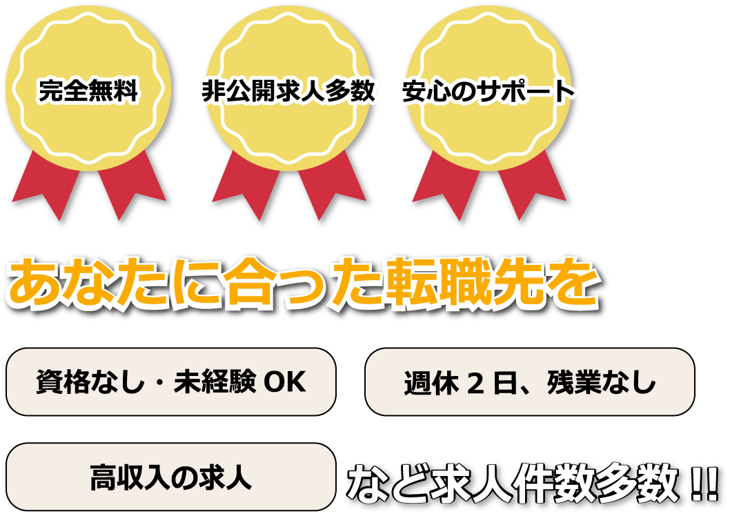 完全無料・非公開求人多数・安心のサポート。あなたに合った転職先を！資格なし・未経験OK、週休2日、残業なし、高収入の求人など求人件数多数!!